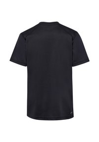 Svart kortärmad t-shirt med rund halsringning, nättextur och rak nederkant. Inga synliga logotyper eller grafik.