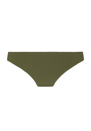 Slip bikini verde oliva con design senza cuciture, vita bassa e fascia dritta su sfondo bianco.