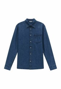 T tumma sininen farkkupaita, jossa on pitkät hihat, nappikiinnitys edessä, kaulus ja rintatasku. Paita on hieman tekstuuri ja siinä on ompeluyksityiskohtia.