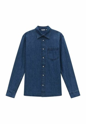 Donkerblauwe denimshirt met lange mouwen, knoopsluiting aan de voorkant, kraag en een borstzak. Kenmerkt zich door een lichte textuur met stikte details.
