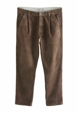 Ruskeat corduroy-housut, joissa on teksturoitu ribbineulos, ja joissa on kaksi etutaskua sekä yksittäinen nappikiinnitys vyötäröllä.