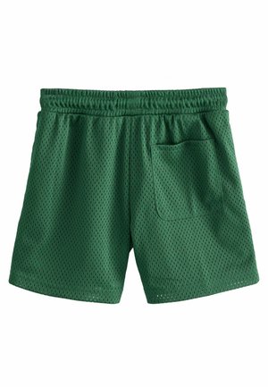 Shorts en mesh verts avec une taille élastique et une seule poche arrière. Le tissu présente de petits trous ouverts pour la respirabilité.