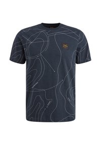 Navy blue cotton t-shirt with a white contour line pattern and a square brand label on the left chest area. Standard crew neck and short sleeves.