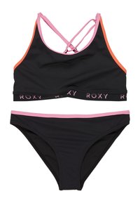 Ensemble de bikini noir comprenant un haut de tank avec des bretelles roses et orange et un détail de logo, associé à un bas noir assorti avec des accents roses.