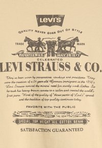Beige fabric with black vintage-style typography featuring "Levi Strauss & Co." Includes illustrations of a horse and cowboys, and decorative flourishes.