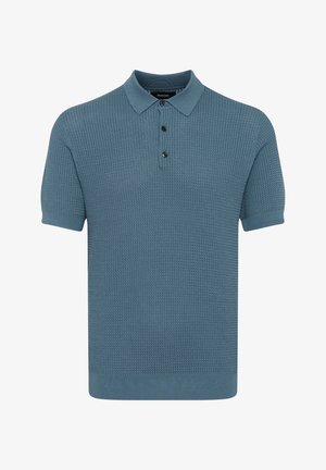 Korte mouw polo shirt in gestructureerde lichtblauwe stof, met een kraag, een drieknoopsluiting en ribbelrand aan de onderkant en mouwranden.