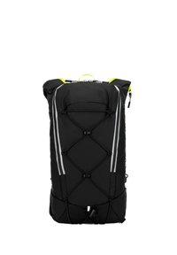 Zaino nero con finitura testurizzata, dotato di strisce riflettenti, design con cordino elastico e un manico superiore giallo brillante. Chiusura con zip.