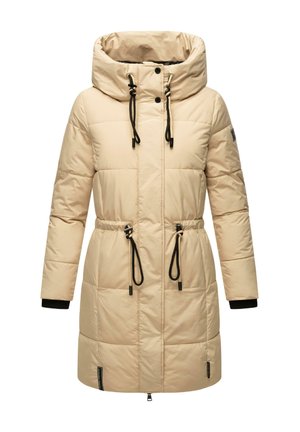 Beżowy pikowany płaszcz z wysokim kołnierzem, regulowanymi sznurkami, czarnymi akcentami i długimi rękawami. Posiada zapinanie na zamek z przodu oraz boczne kieszenie.