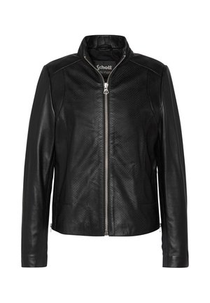 Zwarte leren jas met ritssluiting aan de voorkant, opstaande kraag, geperforeerde leerpanelen aan de voorkant en zijkanten, en lange mouwen.