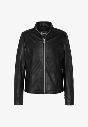 Sort læderjakke med lynlås foran, stående krave, perforerede læderpaneler foran og på siderne samt lange ærmer.