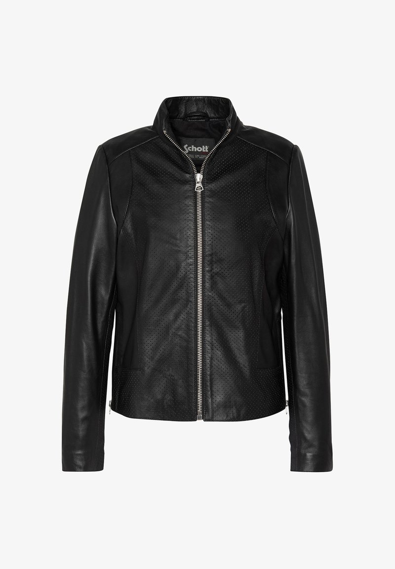 Veste en cuir noire avec fermeture éclair à l'avant, col montant, panneaux en cuir perforé sur l'avant et les côtés, et manches longues.