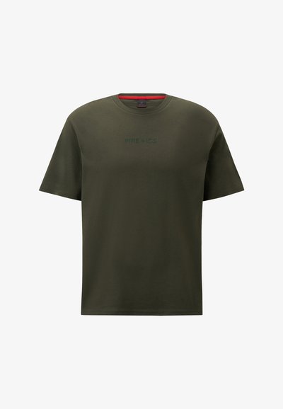 Olive green cotton t-shirt with short sleeves, crew neck, and subtle "FIRE+ICE" logo in dark green on the front. Smooth texture, relaxed fit.