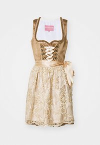 Robe dirndl beige avec corsage ajusté, devant lacé, boutons décoratifs et jupe crème ornée de broderies florales et d'un ruban.