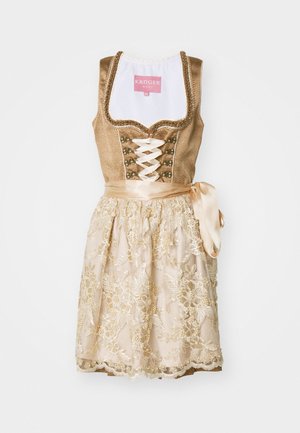 Rochie dirndl de culoare bej, cu un corset ajustat și un decolteu cu șiret, butoane decorative și o fustă de culoare crem, împodobită cu broderie florală și panglici.