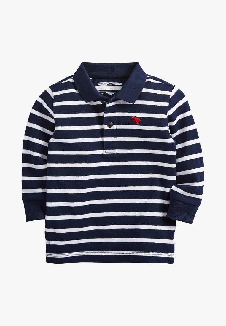 Marineblau-weißer gestreifter Langarm-Polo-Shirt mit Kragen, ausgestattet mit einem einzelnen Knopf und einem kleinen roten Logo auf der Brust.