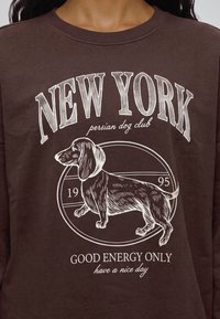 Кафяв суитшърт с бяла илюстрация на куче, текстът "NEW YORK persian dog club 1995," и "GOOD ENERGY ONLY have a nice day."