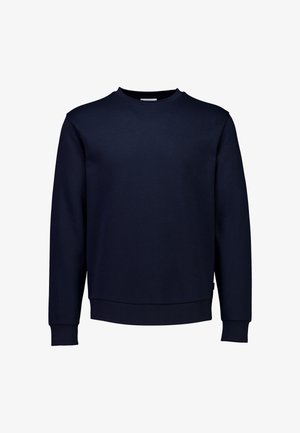 Granatowy sweatshirt wykonany z miękkiej tkaniny bawełnianej, z okrągłym dekoltem, długimi rękawami oraz ściągaczami przy mankietach i dole.