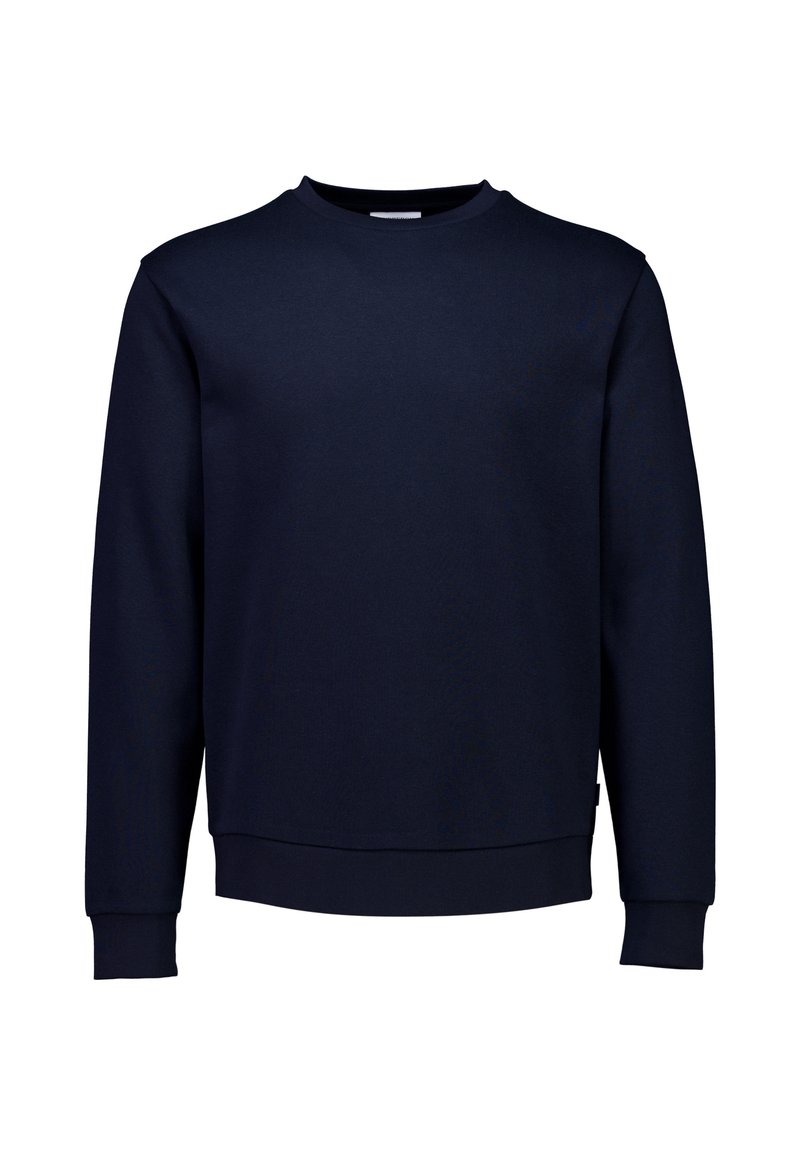 Felpa blu navy realizzata in morbido tessuto misto cotone, con scollatura a girocollo, maniche lunghe e polsini e orlo a coste.