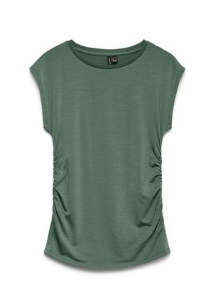 Žalios spalvos moteriška palaidinė trumpomis rankovėmis, apvalia iškirpte ir susiūtais šonais, pagaminta iš lengvos, minkštos medžiagos.