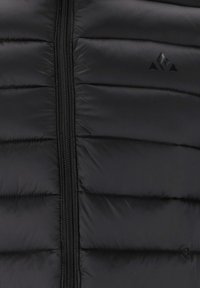 Schwarze Daunenjacke mit einem vertikalen Reißverschluss, gesteppten Puffs und einem kleinen Logo im oberen rechten Bereich. Glattes, leichtes Material.