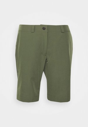 Pantaloni corti verdi realizzati in tessuto leggero, con chiusura a bottone, tasche laterali e un taglio dritto con orli arrotolati.