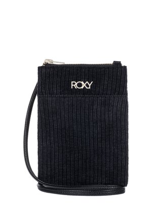 Petit sac bandoulière noir en tissu côtelé avec fermeture éclair argentée et logo ROXY à l'avant, avec une fine sangle noire.