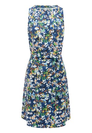Niebieska sukienka bez rękawów z elastycznym dekoltem i paskiem w talii, ozdobiona wielokolorowym kwiatowym wzorem w białym, zielonym, pomarańczowym i żółtym kolorze.