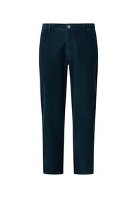 Pantalones de pana azul marino con corte recto, que presentan un cierre de botón, pasadores para cinturón y una superficie texturizada. Longitud recortada, diseño minimalista.