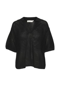 Top nero a maglia aperta con scollo a V e maniche corte. Presenta un colletto strutturato e un motivo a zigzag su tutta la superficie.