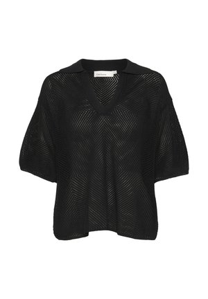 Czarny, ażurowy top z dekoltem w kształcie litery V i krótkimi rękawami. Posiada wyprofilowany kołnierz oraz wzór w zygzak w całej długości.