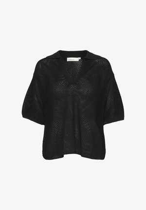 Czarny, ażurowy top z dekoltem w kształcie litery V i krótkimi rękawami. Posiada wyprofilowany kołnierz oraz wzór w zygzak w całej długości.