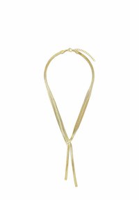 Collana in metallo dorato con un design elegante e flessibile; presenta due fili sottili che si assottigliano in modo elegante e una chiusura con una catena di estensione.