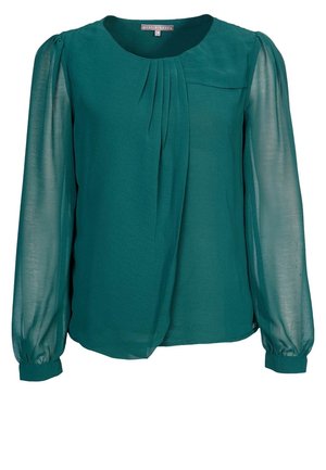 Blouse turquoise avec un décolleté rond, des manches longues en dentelle et un détail plissé à l'avant, fabriquée en tissu léger avec une texture lisse.