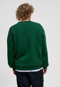 Grön sweatshirt med en avslappnad passform, ribbad rund hals och muddar. Mjuk textur, minimalistisk design och inga synliga mönster eller logotyper.