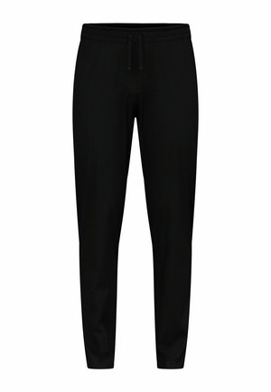 Black joggers with a drawstring waist, tapered ankles, and smooth texture. No visible patterns or embellishments. Simple and functional design.