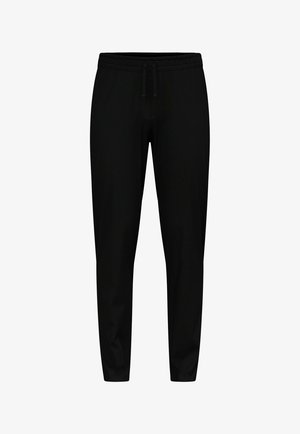 Black joggers with a drawstring waist, tapered ankles, and smooth texture. No visible patterns or embellishments. Simple and functional design.