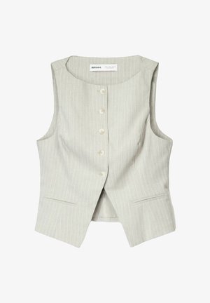 Vaatehissi vaaleanharmaasta ilman hihoja, jossa on pystysuorat raidat, viisi edessä olevaa nappia ja kaksi sivutaskua; valmistettu sileästä kankaasta, jossa on tyköistuva malli.