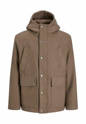 Bruine wollen blend jas met capuchon, voorzien van drukknoopsluitingen, twee grote voorzakken en een minimalistisch ontwerp. Zachte textuur en een getailleerde pasvorm.