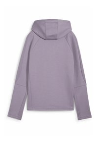 Sudadera de color púrpura claro con un bolsillo frontal, mangas alargadas y capucha ajustada. Fabricada en un tejido suave y elástico con costuras planas.