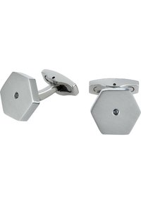Cufflinks esagonali in tono argento con finitura opaca, caratterizzati da un accento centrale nero su ciascun pezzo. Design elegante e contemporaneo.