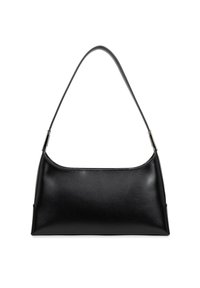 Sac à main en cuir noir avec une texture lisse, de forme rectangulaire et une bandoulière. Présente un design minimaliste sans quincaillerie visible.