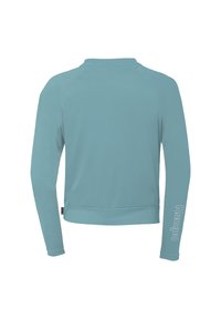 Lichtblauw atletisch shirt met lange mouwen, een ronde halslijn en geribbelde zoom. Bevat het "Kempa" logo in het wit gedrukt op de rechtermouw.