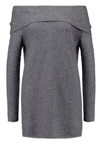 Grauer, schulterfreier Pullover aus strukturiertem Stoff. Lange Ärmel und weit geschnitten, mit einem einfachen, klaren Design. Keine Muster oder Akzente.