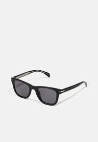 Black sunglasses with rectangular lenses, plastic frames, and sleek, minimal design. Features subtle silver accents on the temples.