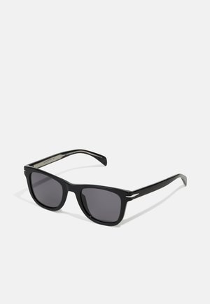 Black sunglasses with rectangular lenses, plastic frames, and sleek, minimal design. Features subtle silver accents on the temples.