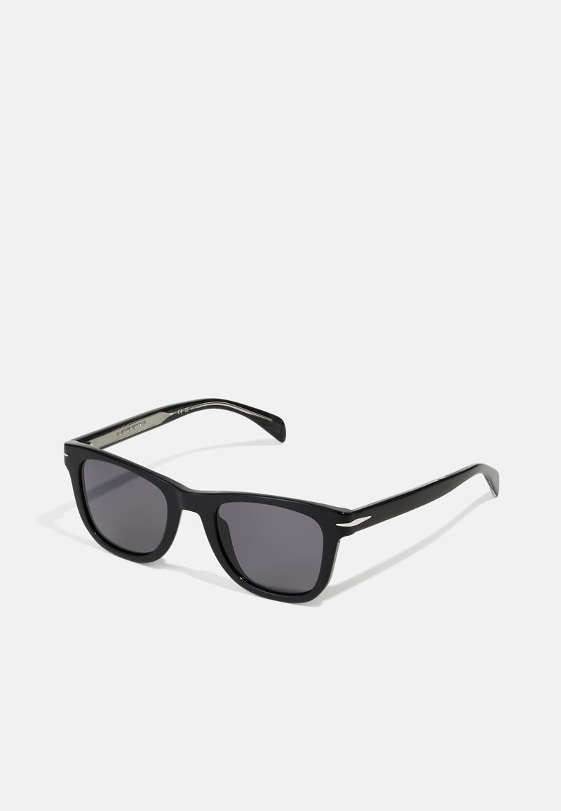 Black sunglasses with rectangular lenses, plastic frames, and sleek, minimal design. Features subtle silver accents on the temples.