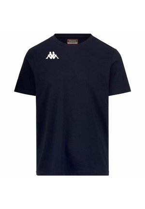 Camiseta de algodón azul marino de manga corta, con cuello redondo y un logo blanco en la zona del pecho izquierdo. Textura suave, diseño minimalista.