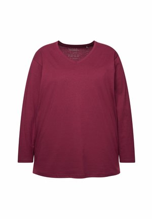 Haut bordeaux à manche longue avec un décolleté en V, en coton doux. Présente une coupe décontractée et une texture lisse, sans motifs ni accents.