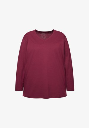 Top a maniche lunghe bordeaux con scollatura a V, realizzato in morbido cotone. Presenta una vestibilità rilassata e una superficie liscia, senza motivi o dettagli.