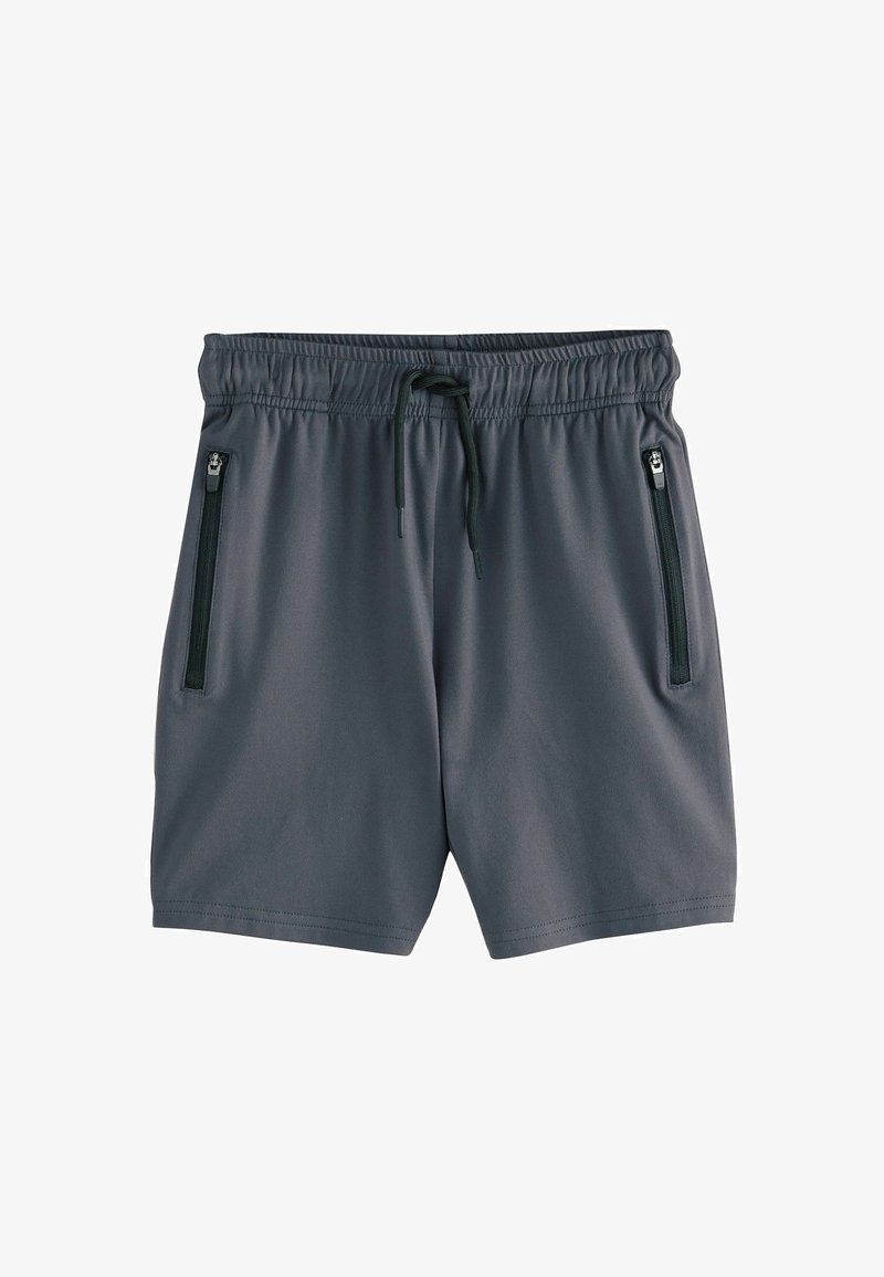 Shorts de sport gris en tissu léger, dotés d'une taille élastique, d'un cordon de serrage ajustable et de deux poches latérales zippées.